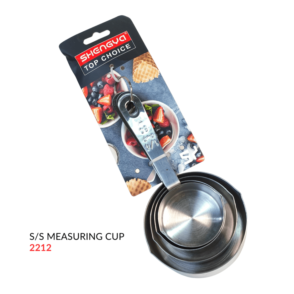 A stainless steel measuring cup set displayed on packaging featuring fruits and dessert images.