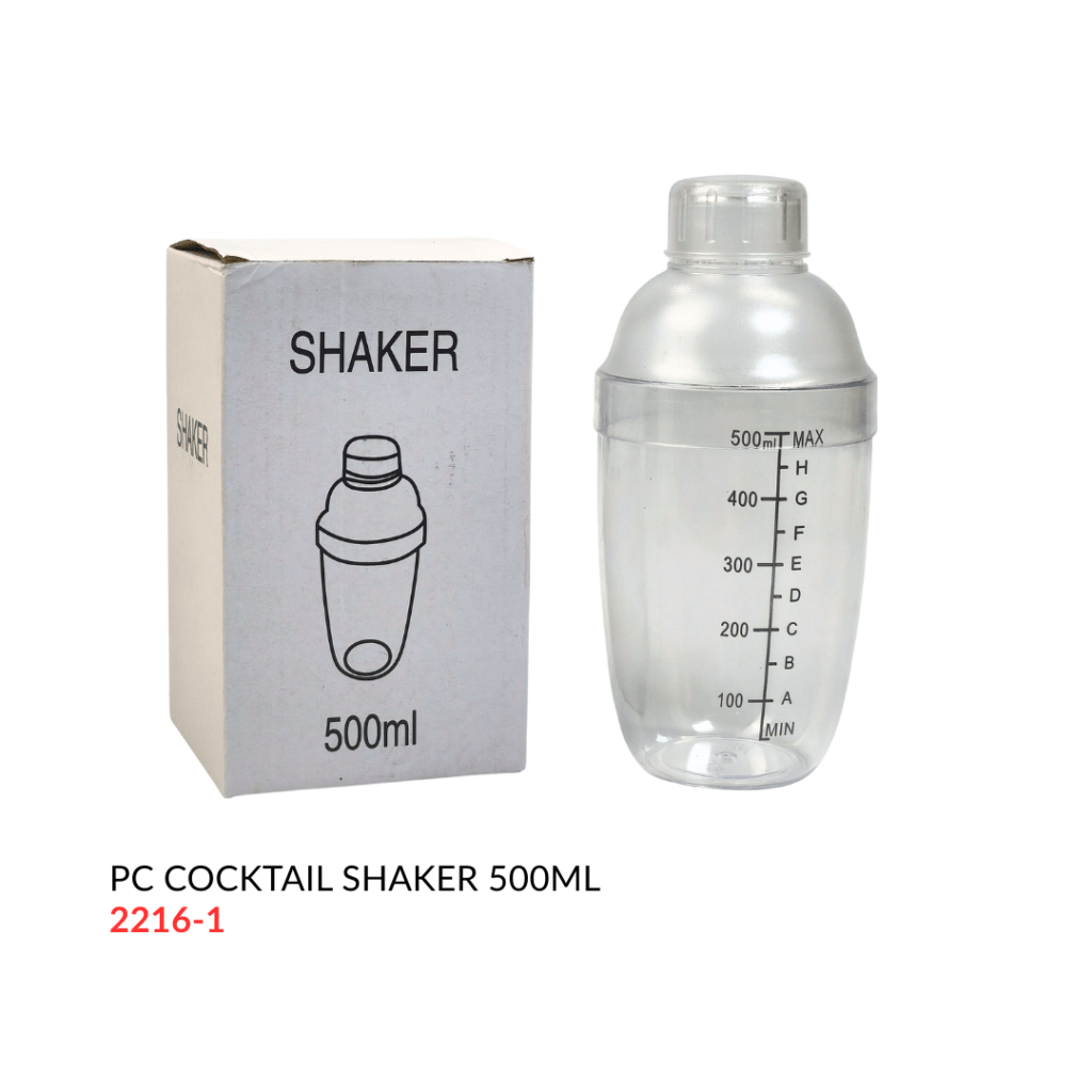 A clear plastic cocktail shaker with a capacity of 500ml, displayed next to its box labeled 'SHAKER'. The shaker features measurement markings on the side.