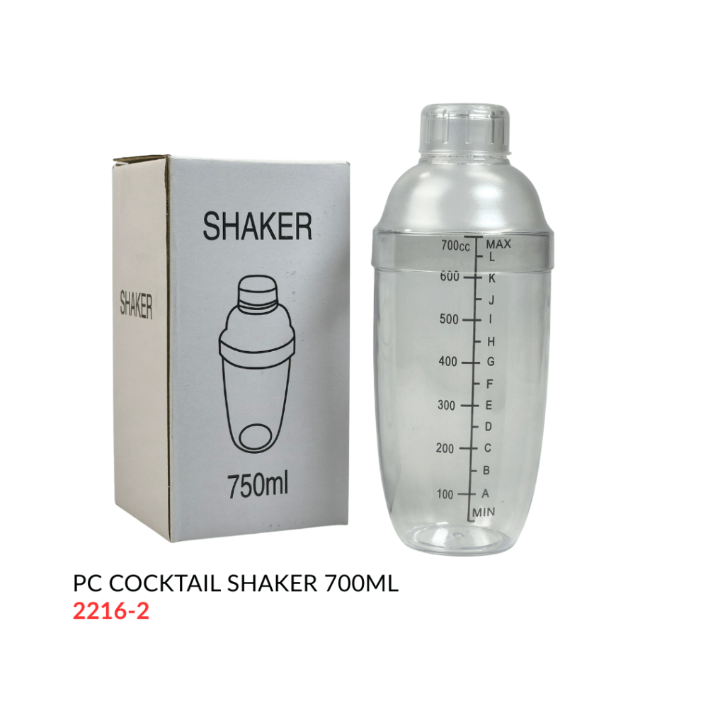 A clear plastic cocktail shaker with a measurement scale, accompanied by its box labeled 'SHAKER' and specifications of 750ml and 700ml.