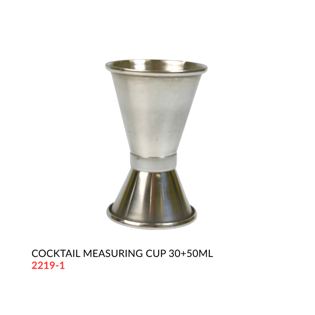 Stainless steel cocktail measuring cup with 30ml and 50ml capacity.
