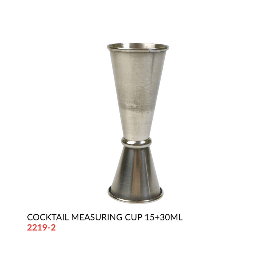 Stainless steel cocktail measuring cup designed for measuring 15ml and 30ml portions.
