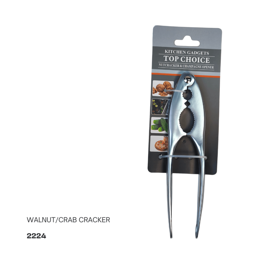 Metal walnut and crab cracker tool packaged with images of nuts and seafood, labeled 'Top Choice'.