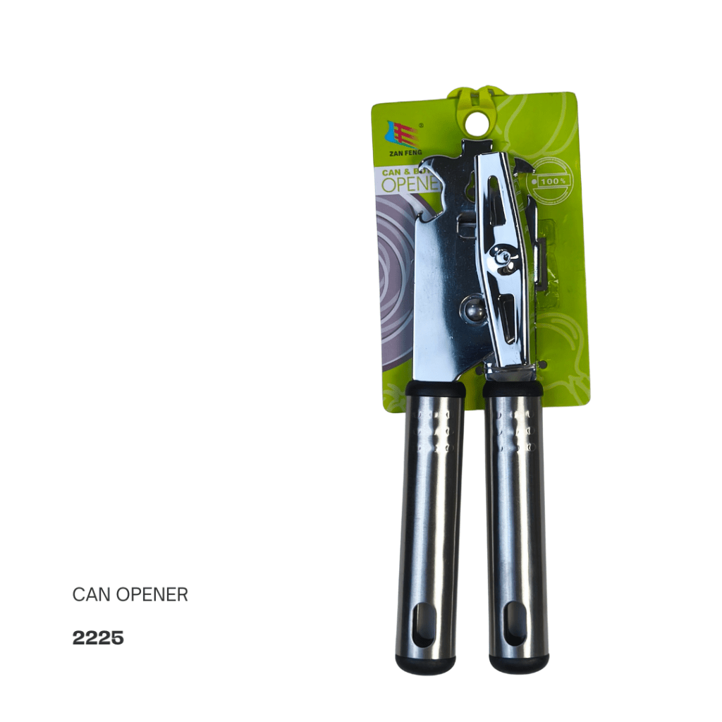 A metallic can opener with black handles displayed on a green packaging.