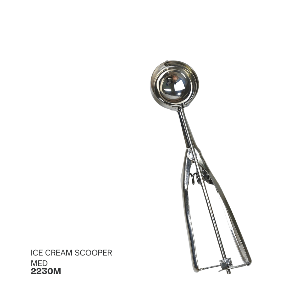 A stainless steel medium ice cream scooper with a round bowl and lever mechanism.