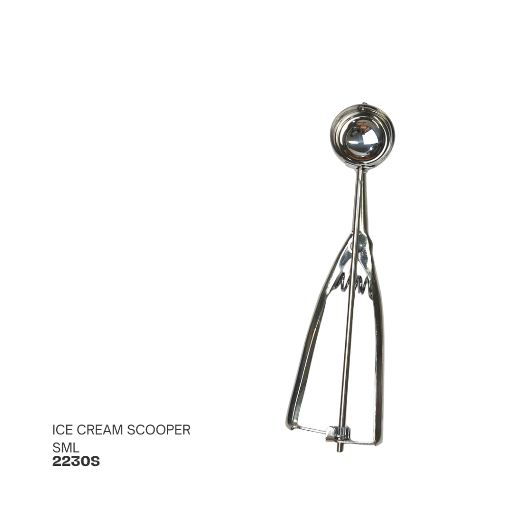 A small metal ice cream scooper with a rounded scoop and a mechanical lever for easy dispensing.