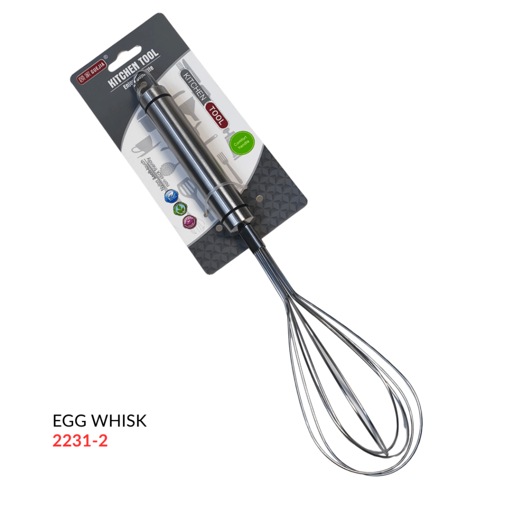 A stainless steel egg whisk with a black handle, packaged with a decorative card showing kitchen tools.
