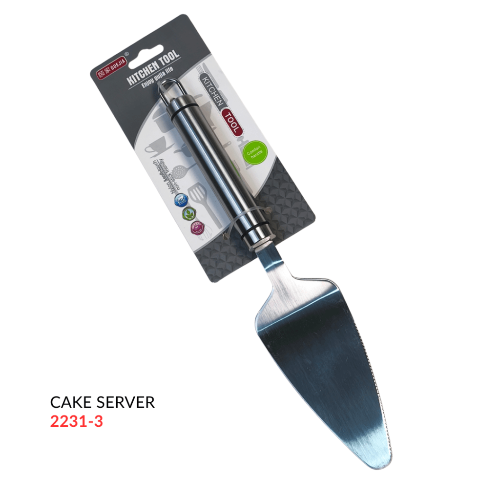 A stainless steel cake server with a comfortable handle, displayed on packaging, labeled as 'Cake Server 2231-3'.