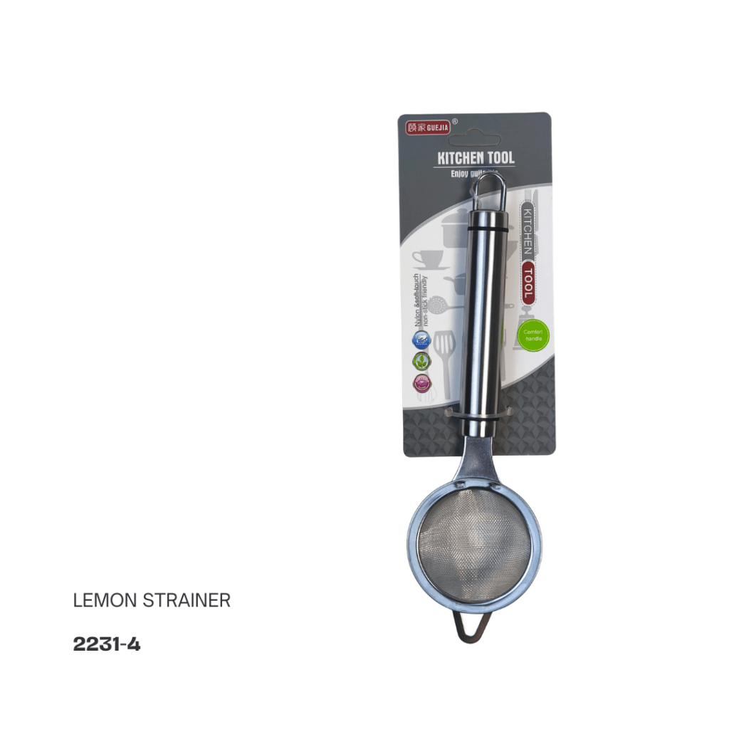 Lemon strainer with stainless steel handle and fine mesh for efficient juice extraction, displayed on packaging.