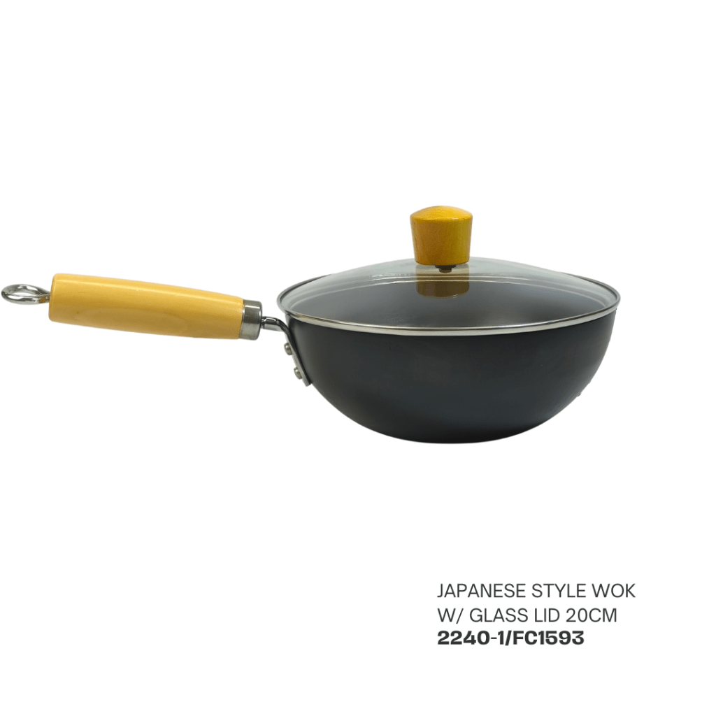 Japanese style wok with glass lid, 20cm, featuring a wooden handle.
