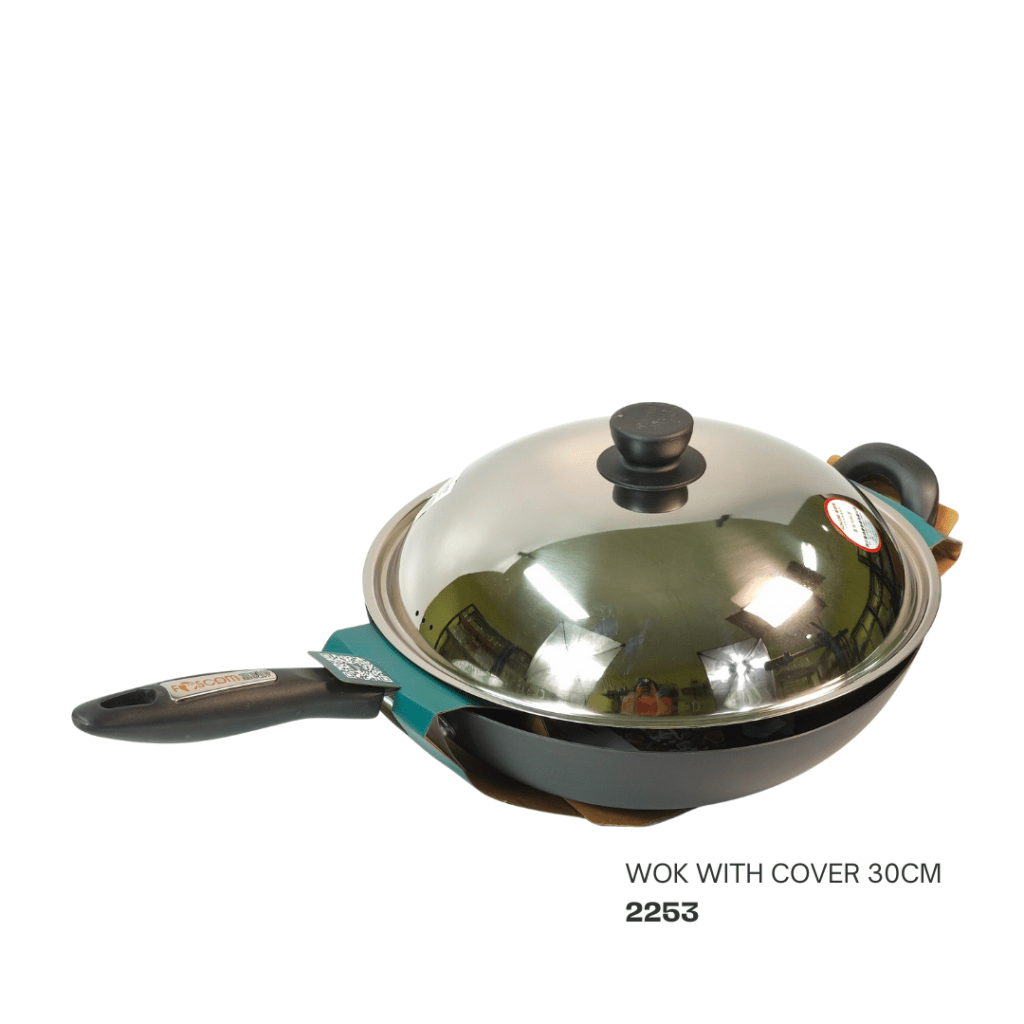 30cm wok with a cover, featuring a black body and a stainless steel lid.