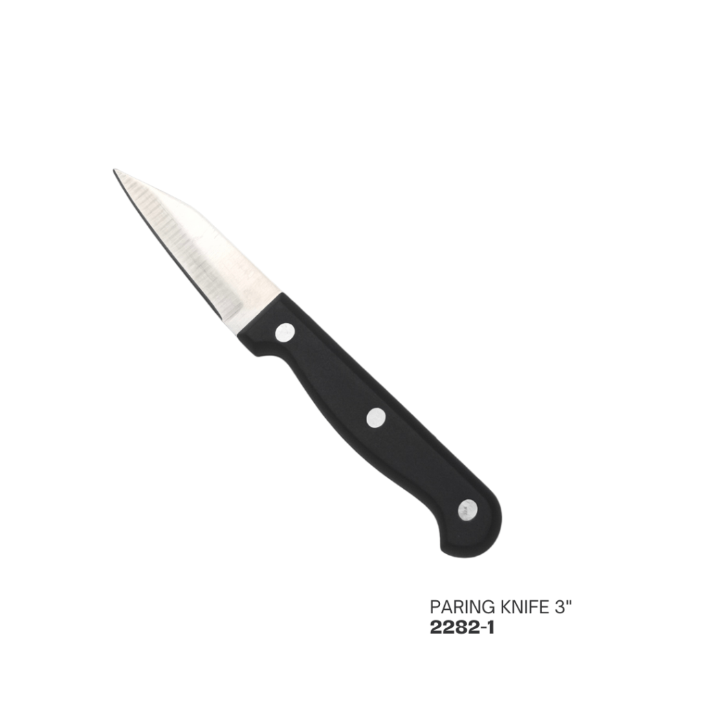 A 3-inch paring knife with a sharp stainless steel blade and a black ergonomic handle.