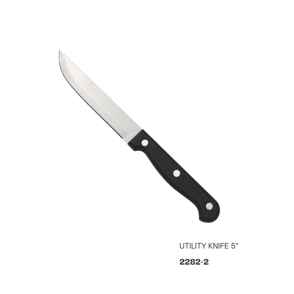 A 5-inch utility knife with a stainless steel blade and a black handle.