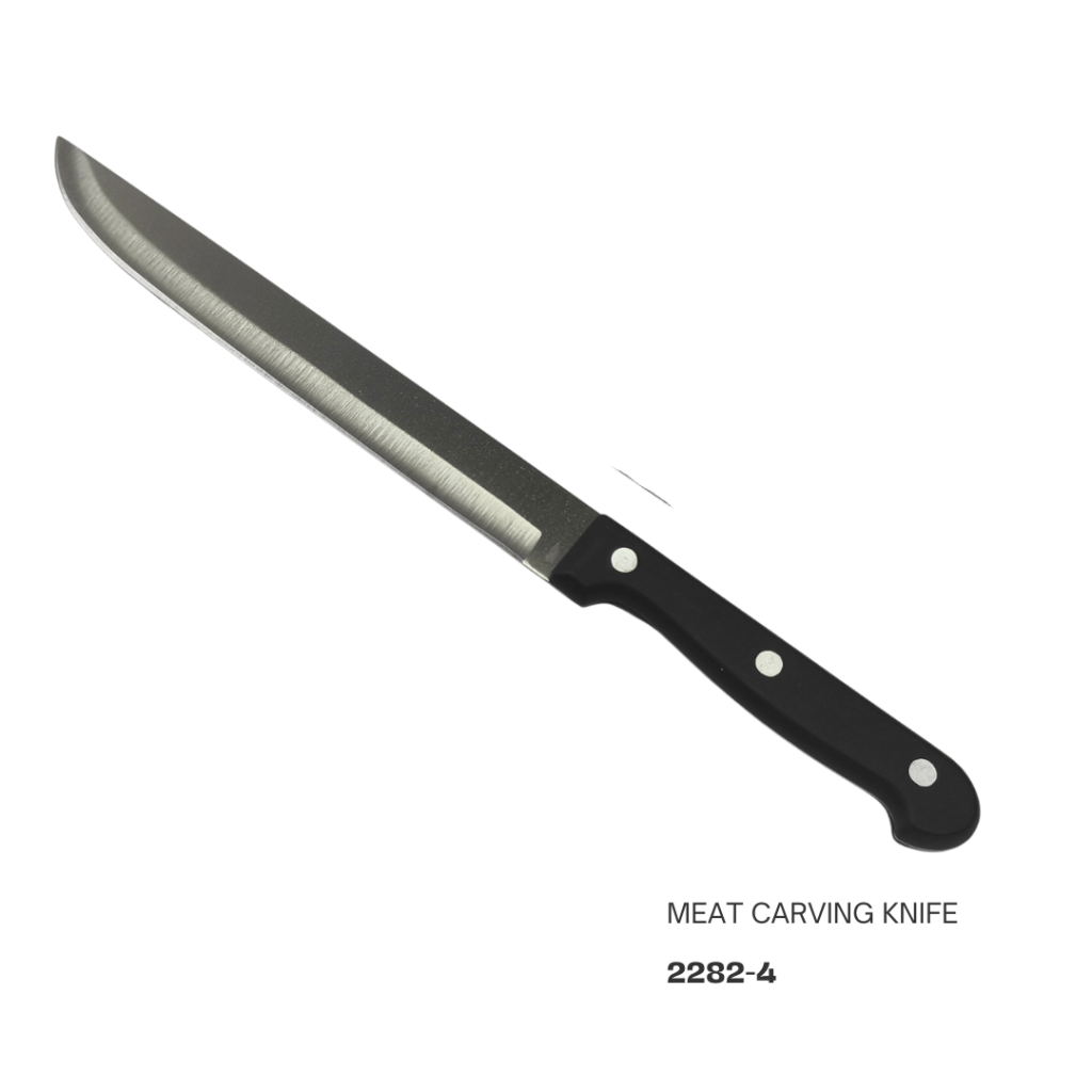 A meat carving knife with a long, sharp blade and a black handle featuring three rivets.