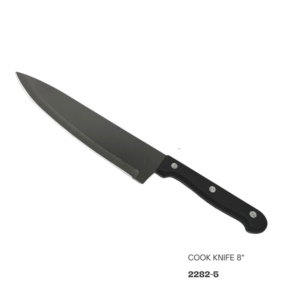An 8-inch cook knife with a black handle and a stainless steel blade.