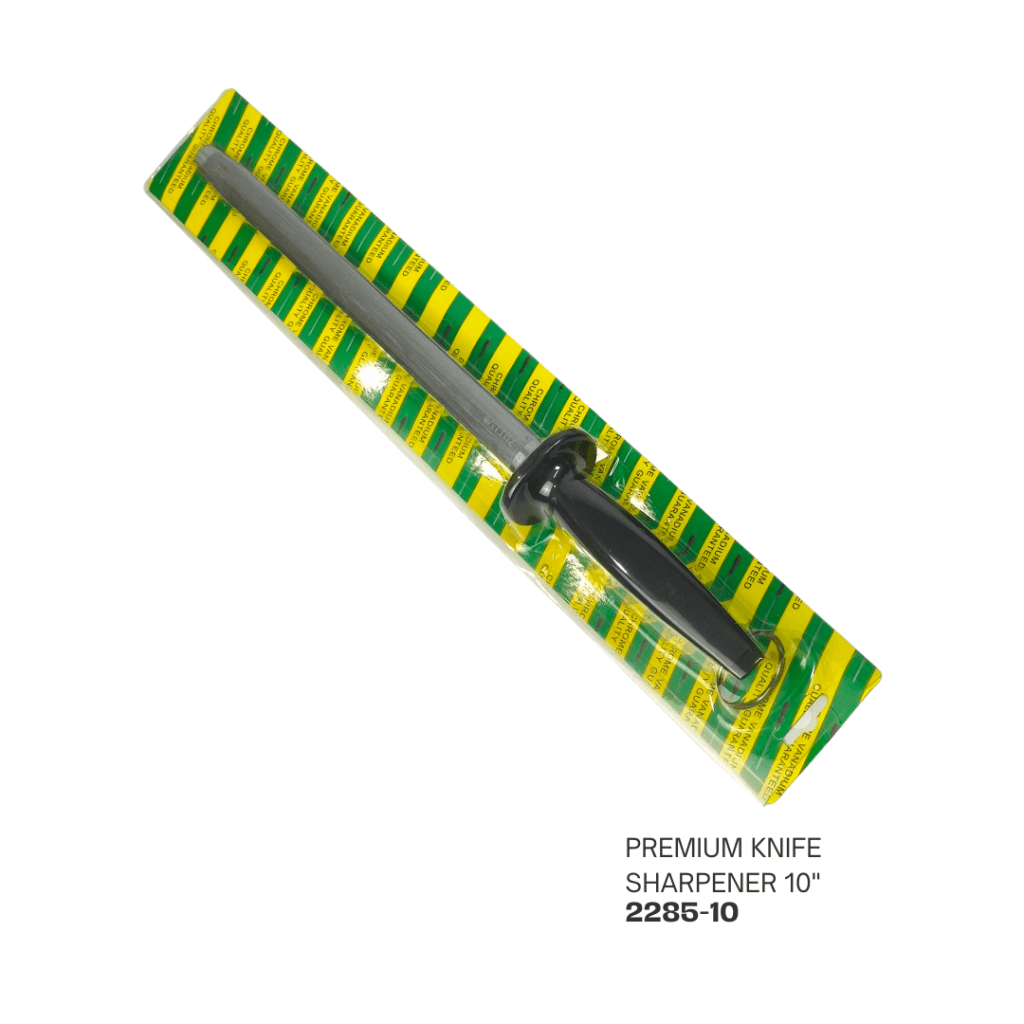 Premium 10-inch knife sharpener in packaging with a black handle and metal sharpening rod.