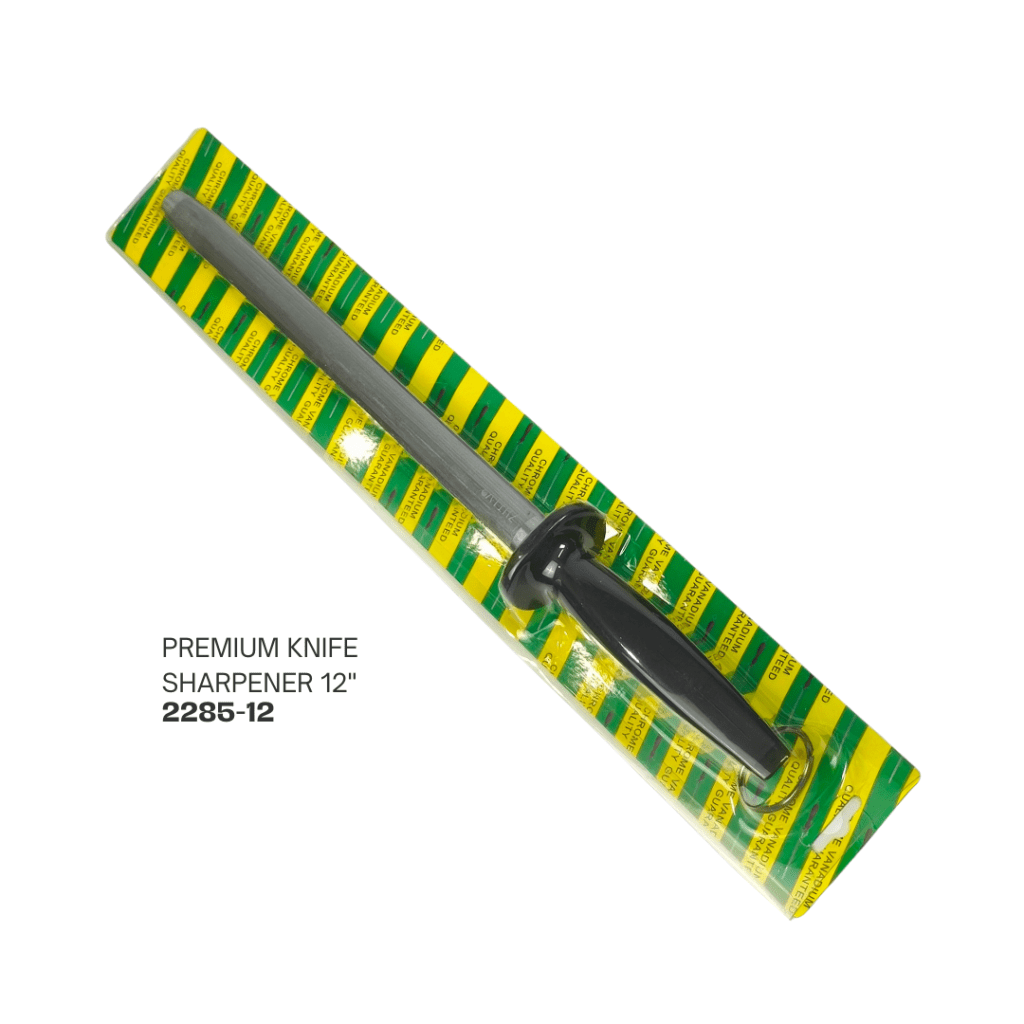 12-inch premium knife sharpener with a black handle, packaged in bright yellow and green packaging.