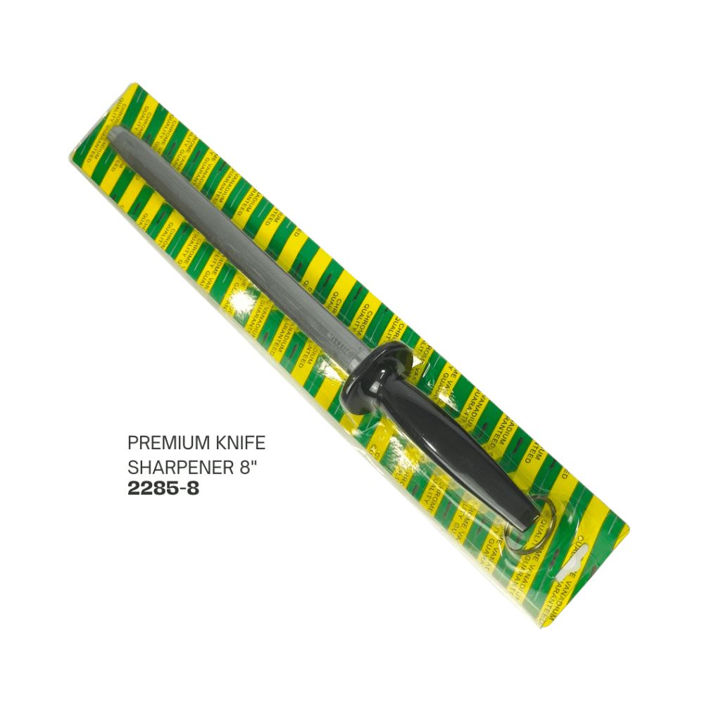 8-inch premium knife sharpener in packaging with a black handle and silver sharpening rod.