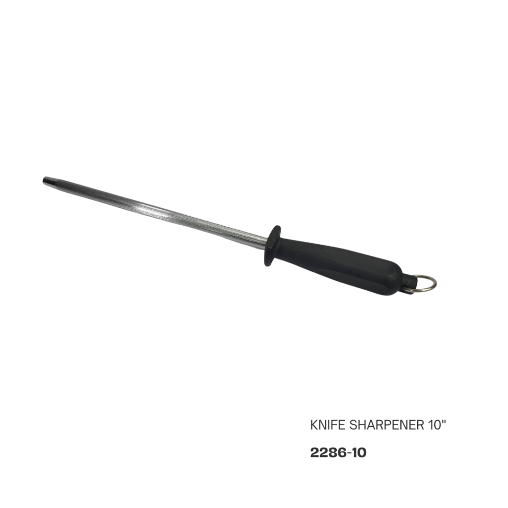 10-inch knife sharpener with a black handle and stainless steel rod.