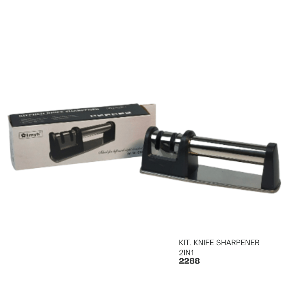 A 2-in-1 kitchen knife sharpener displayed next to its box, featuring a sleek black and silver design.