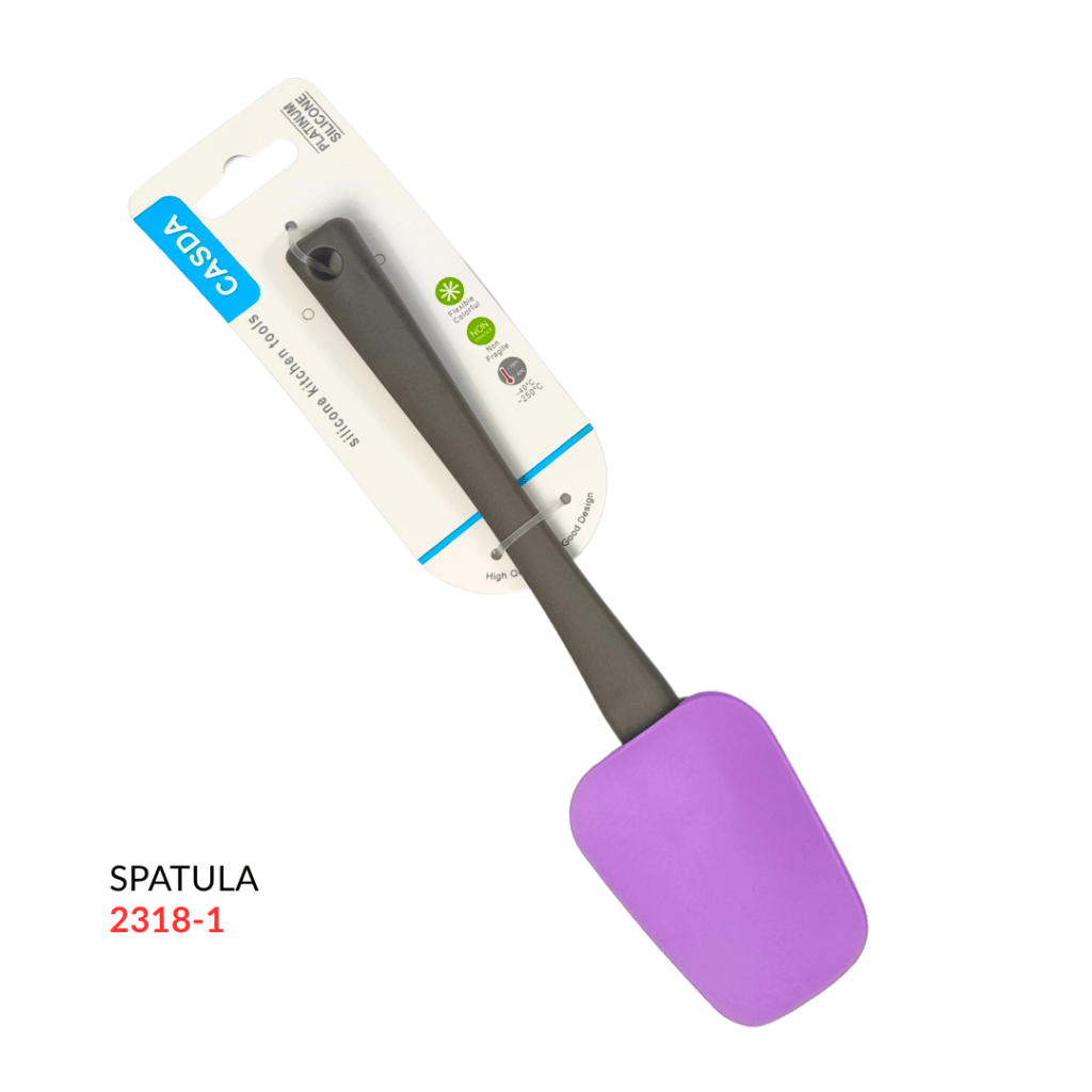 A silicone spatula with a purple head and a dark gray handle, packaged with a product tag featuring the brand name 'CASA'.