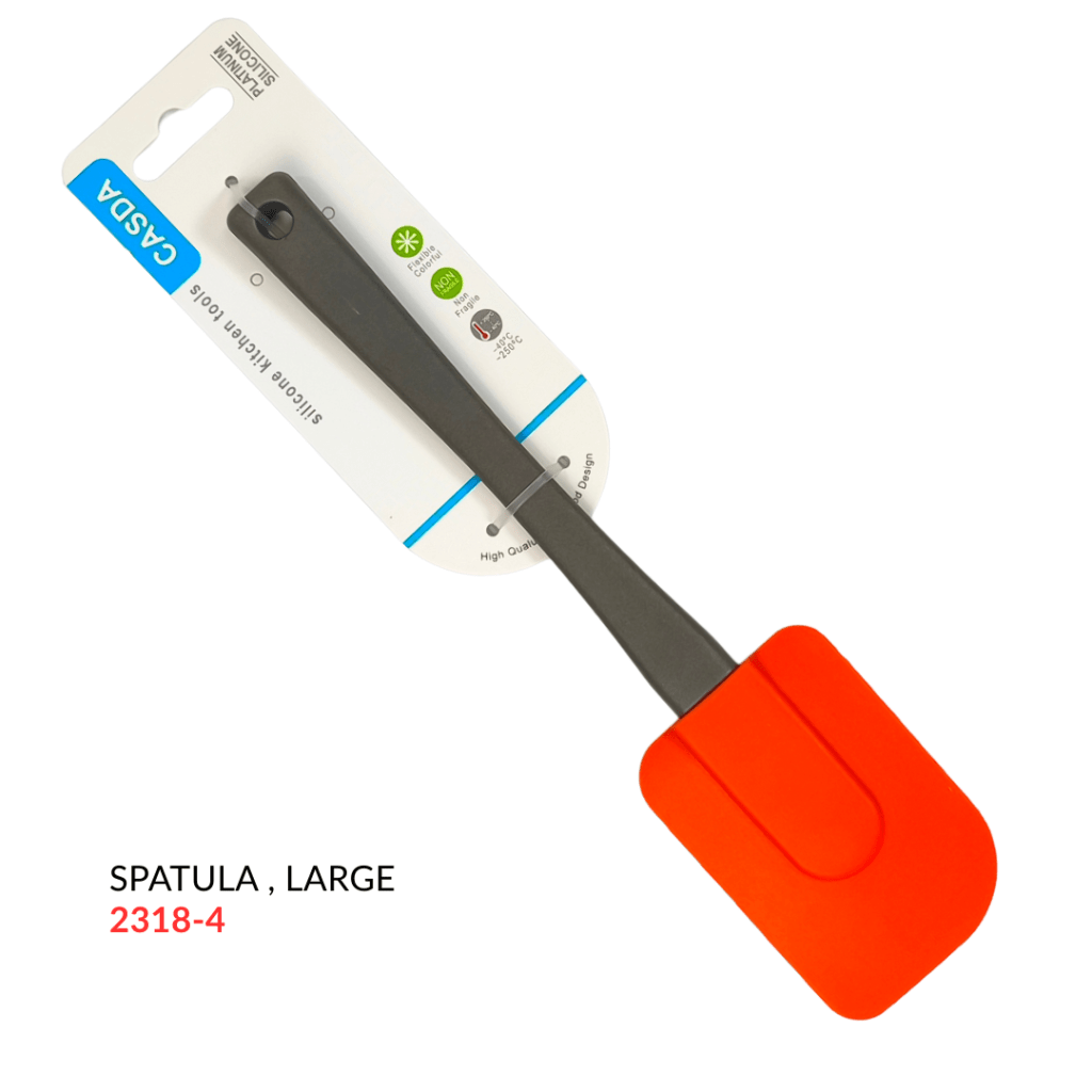 Large silicone spatula with an orange head and a gray handle, displayed on a cardboard packaging.