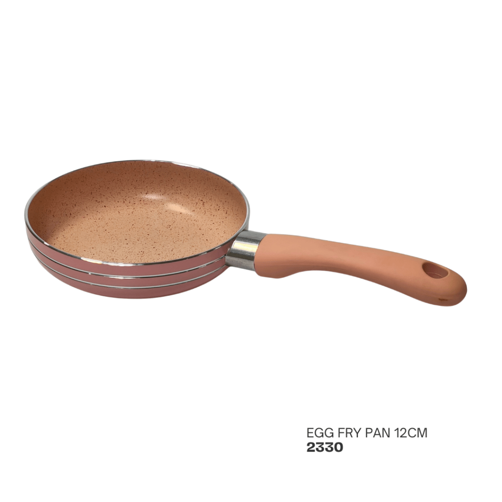 A 12 cm pink egg fry pan with a smooth inner surface and an ergonomic handle.