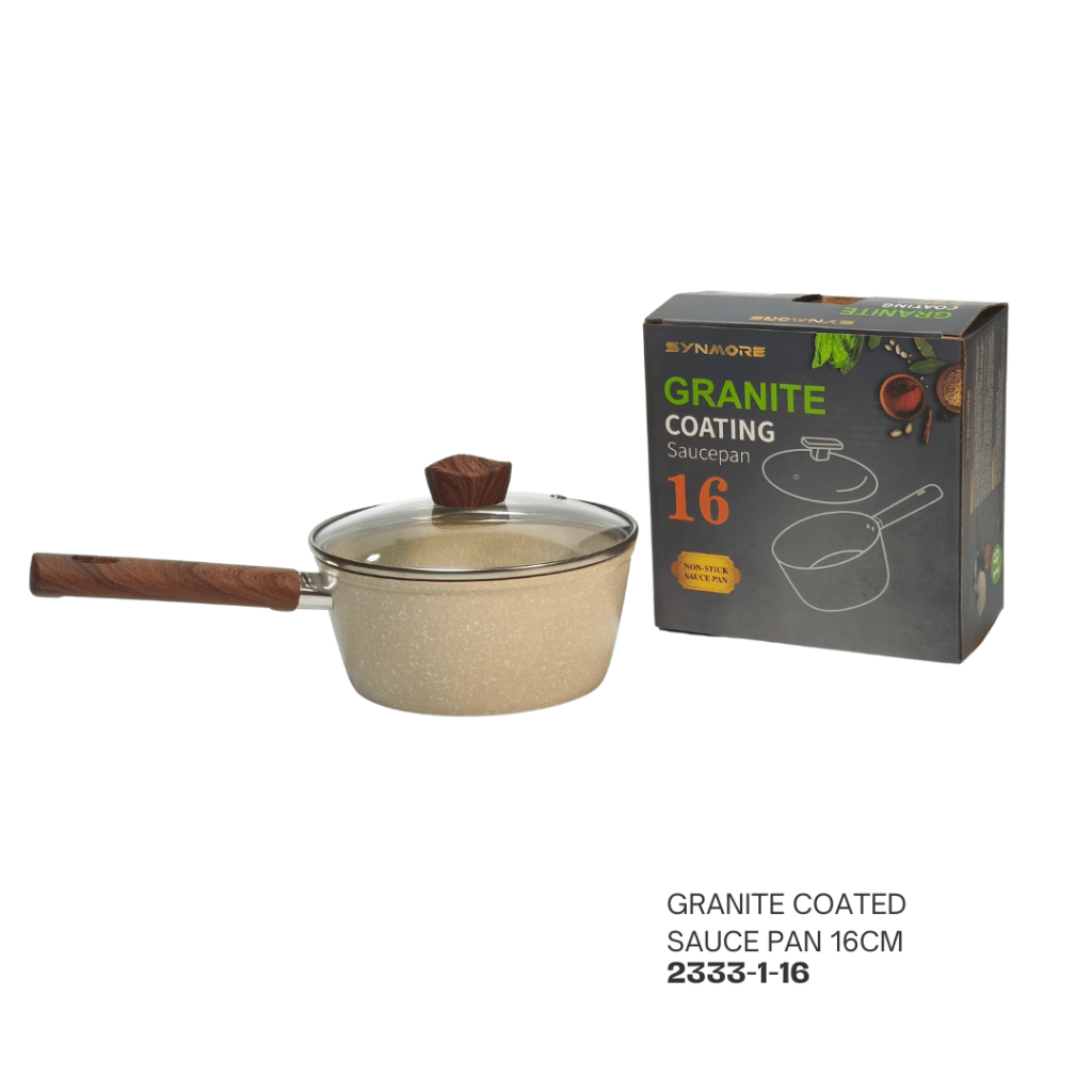 Granite coated 16cm saucepan with a wooden handle, accompanied by its packaging.