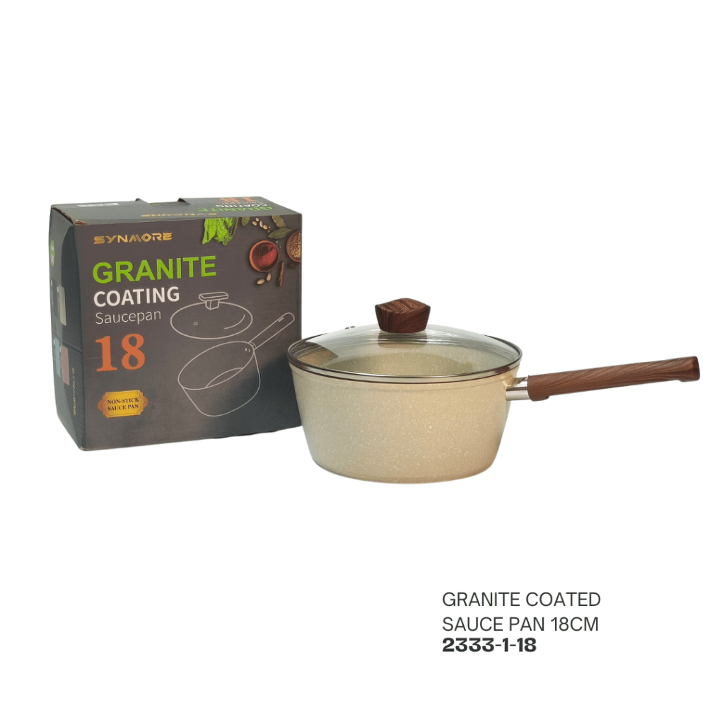 Granite coated 18cm saucepan with a wooden handle and lid, next to its packaging.