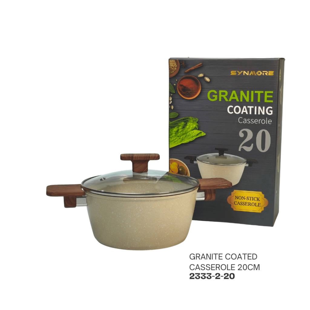 Granite coated 20cm casserole with wooden handles, accompanied by its packaging featuring product details.