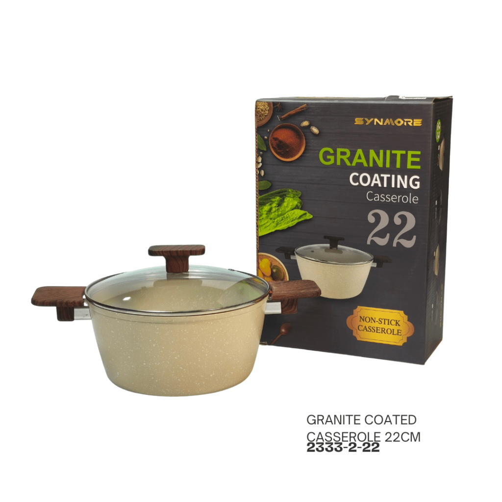 Granite coated 22cm casserole pot with transparent lid and wooden handle, displayed with packaging.