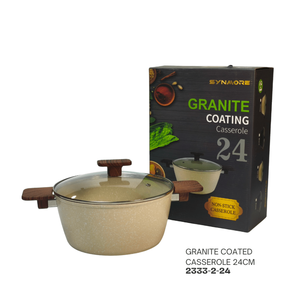 Granite coated 24cm casserole with glass lid and wooden handles, displayed alongside its packaging.