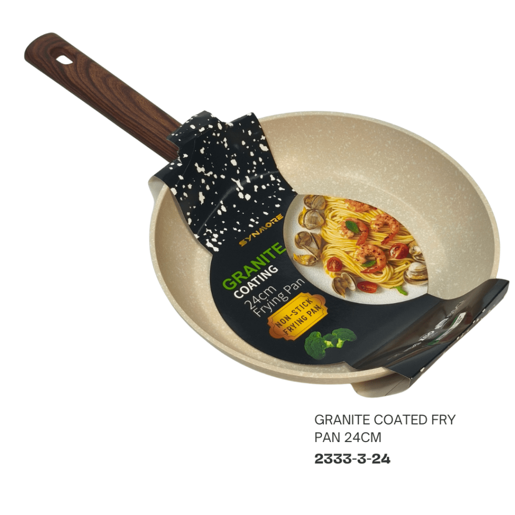 24cm granite coated non-stick frying pan with a wooden handle, featuring a pasta dish on the label