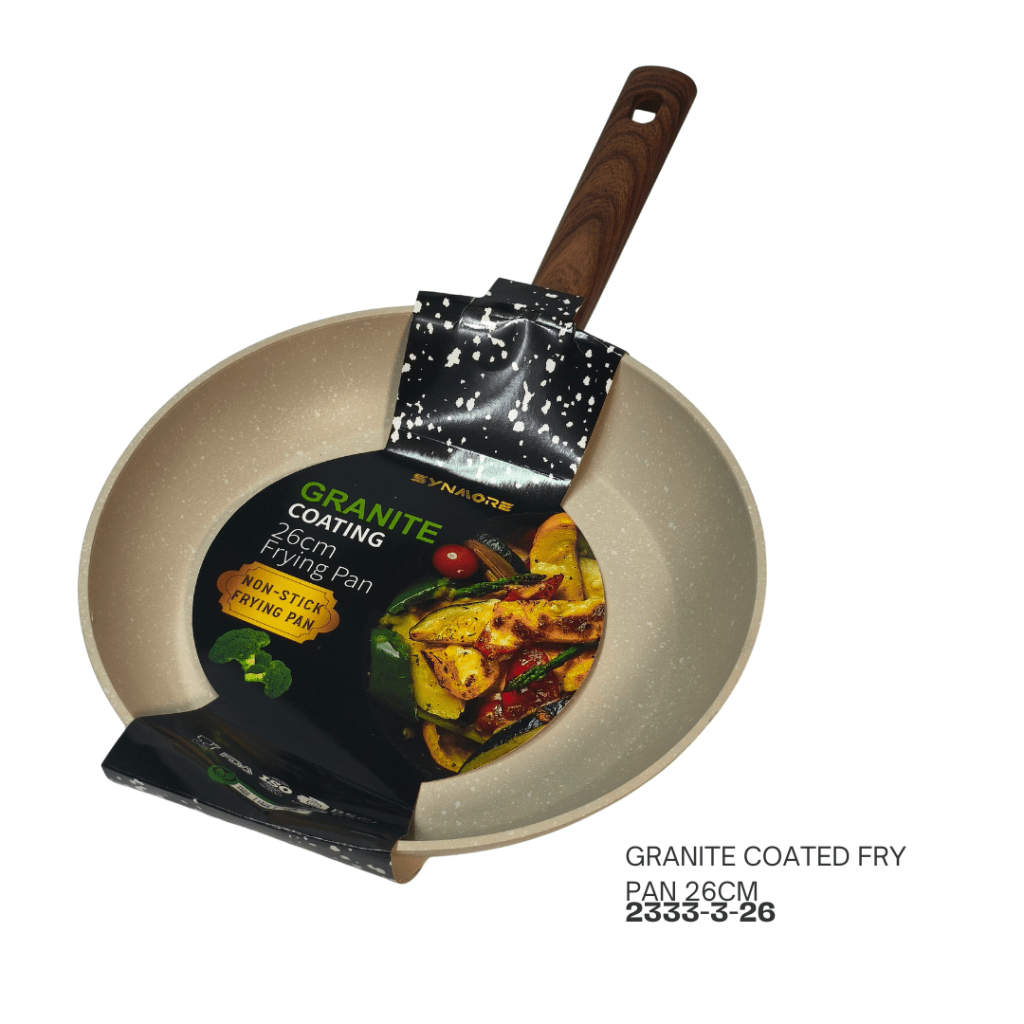Granite coated non-stick frying pan with a wooden handle, size 26cm, displayed with packaging.