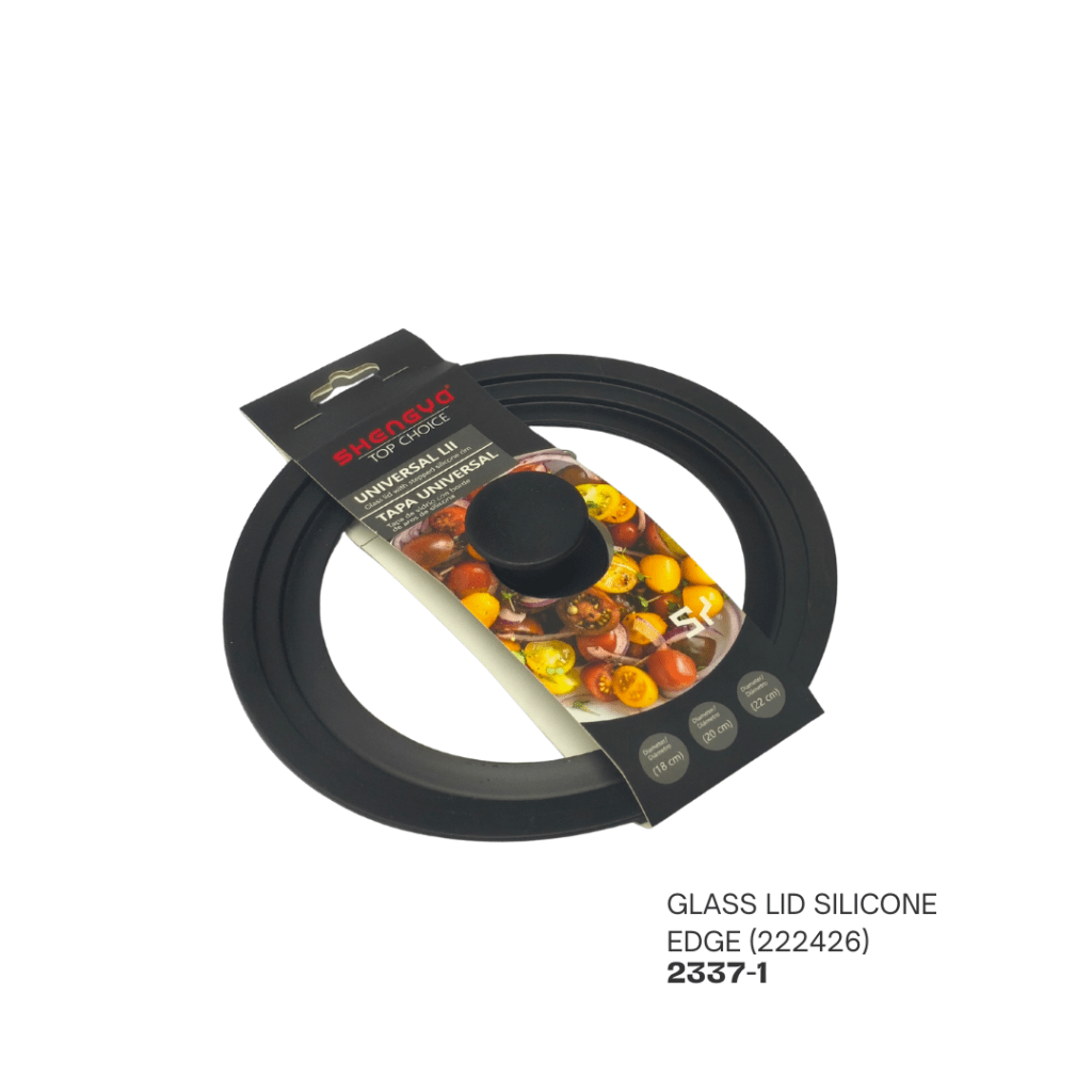 Universal silicone glass lid with a black edge and a central knob, displayed with packaging showing colorful vegetables.