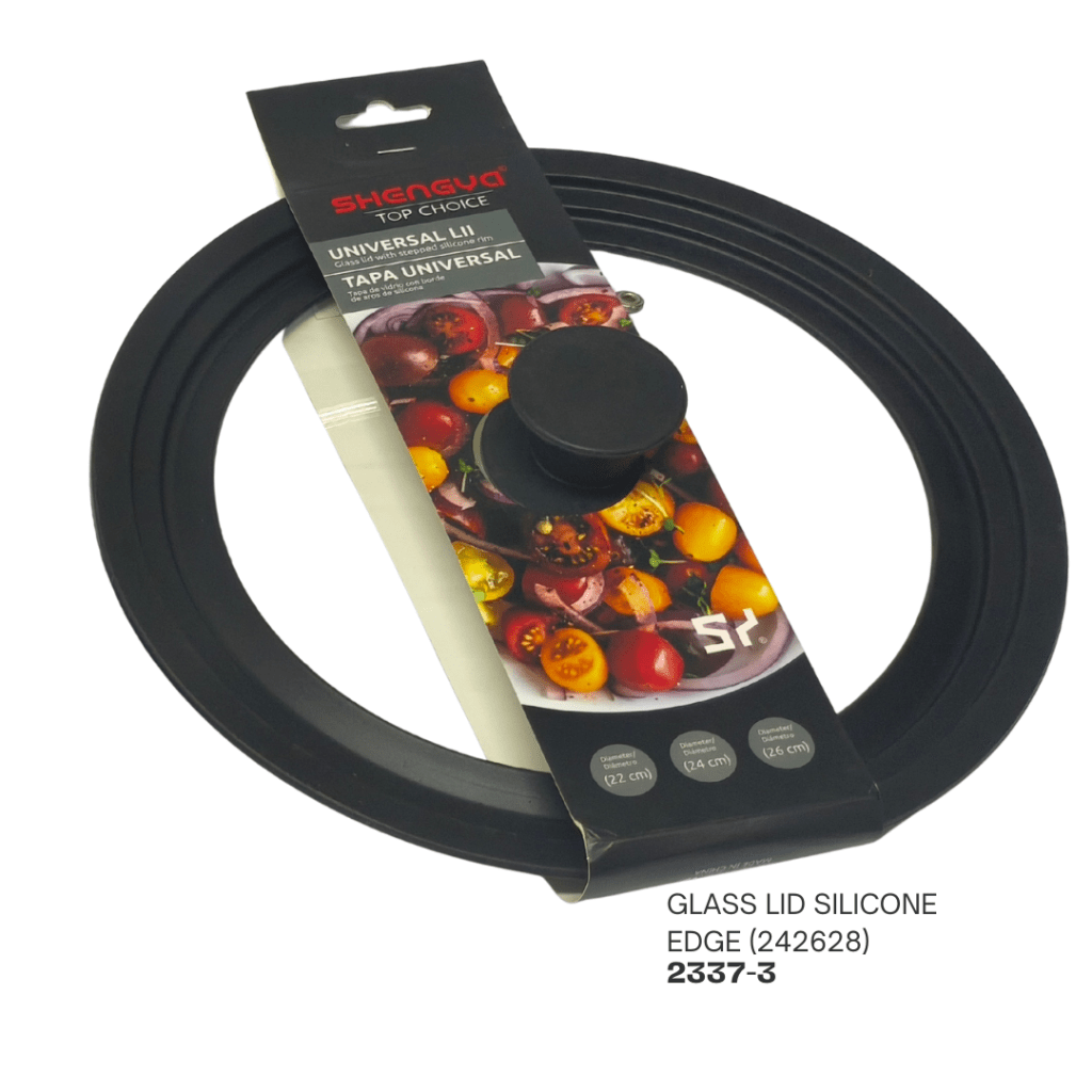 A silicone edge glass lid with a black handle, designed for universal use. The packaging displays a bowl of colorful cherry tomatoes, indicating compatibility with pots or pans measuring 22 cm to 24 cm in diameter.