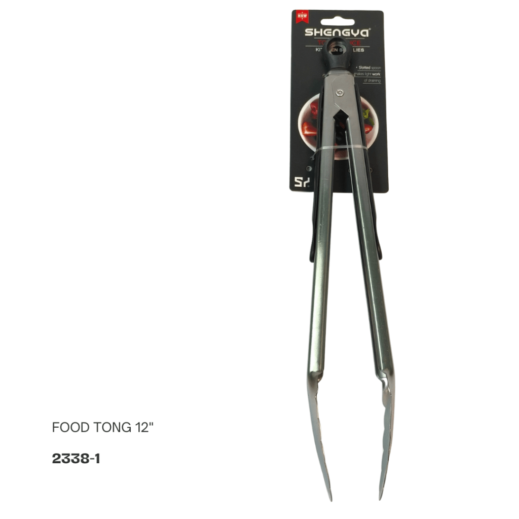 12-inch stainless steel food tongs with a hanging tag for display