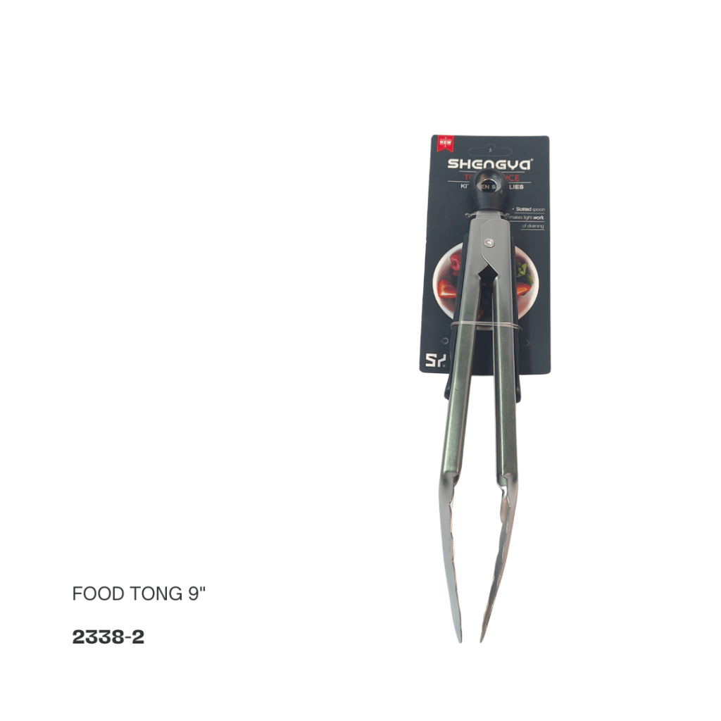 A 9-inch food tong displayed with packaging featuring the brand name 'Shengya' and product details.