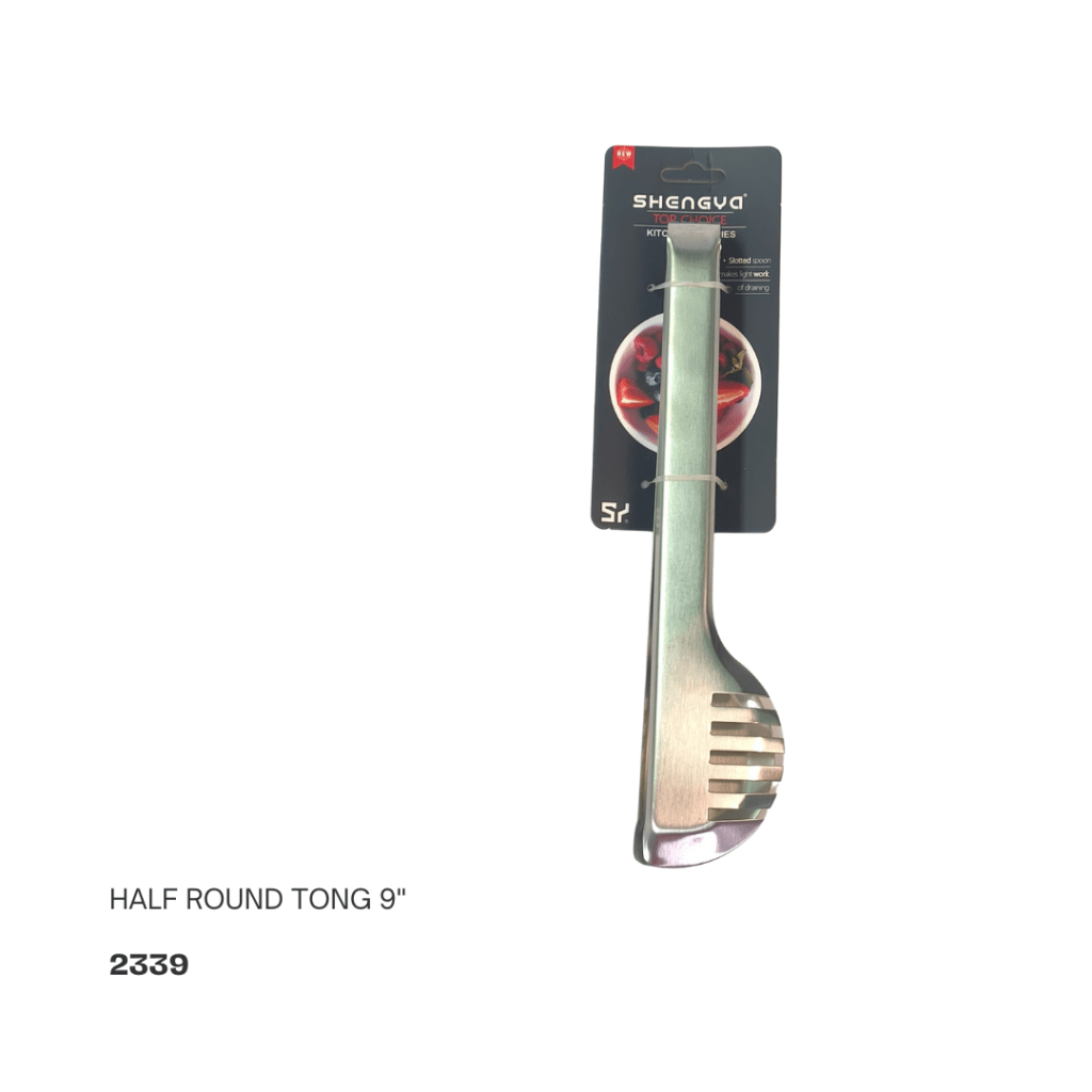 Nine-inch half round kitchen tongs with a sleek stainless steel design, packaged with a card displaying a logo.
