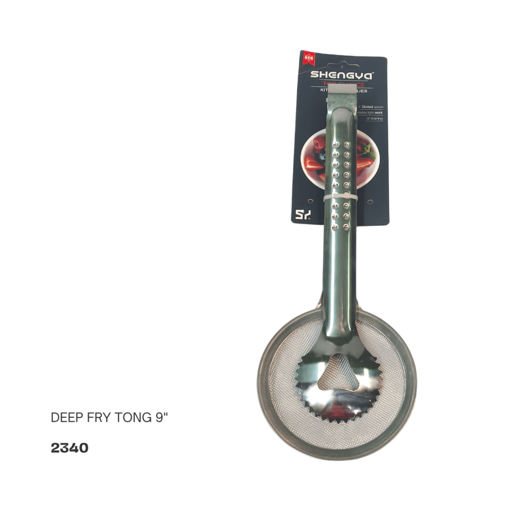 9-inch deep fry tongs with a metal handle and perforated scoop design, packaged with branding.