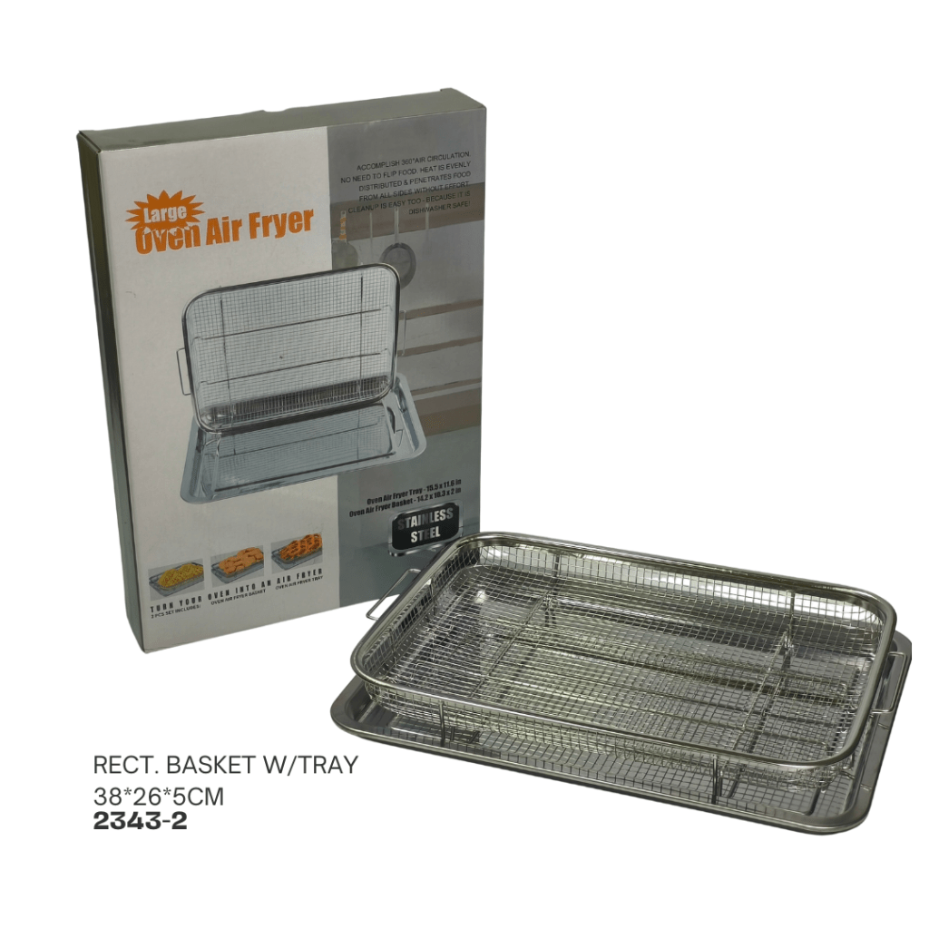 Large oven air fryer rectangular basket with tray, measuring 38x26x5 cm, displayed with product packaging featuring stainless steel design.