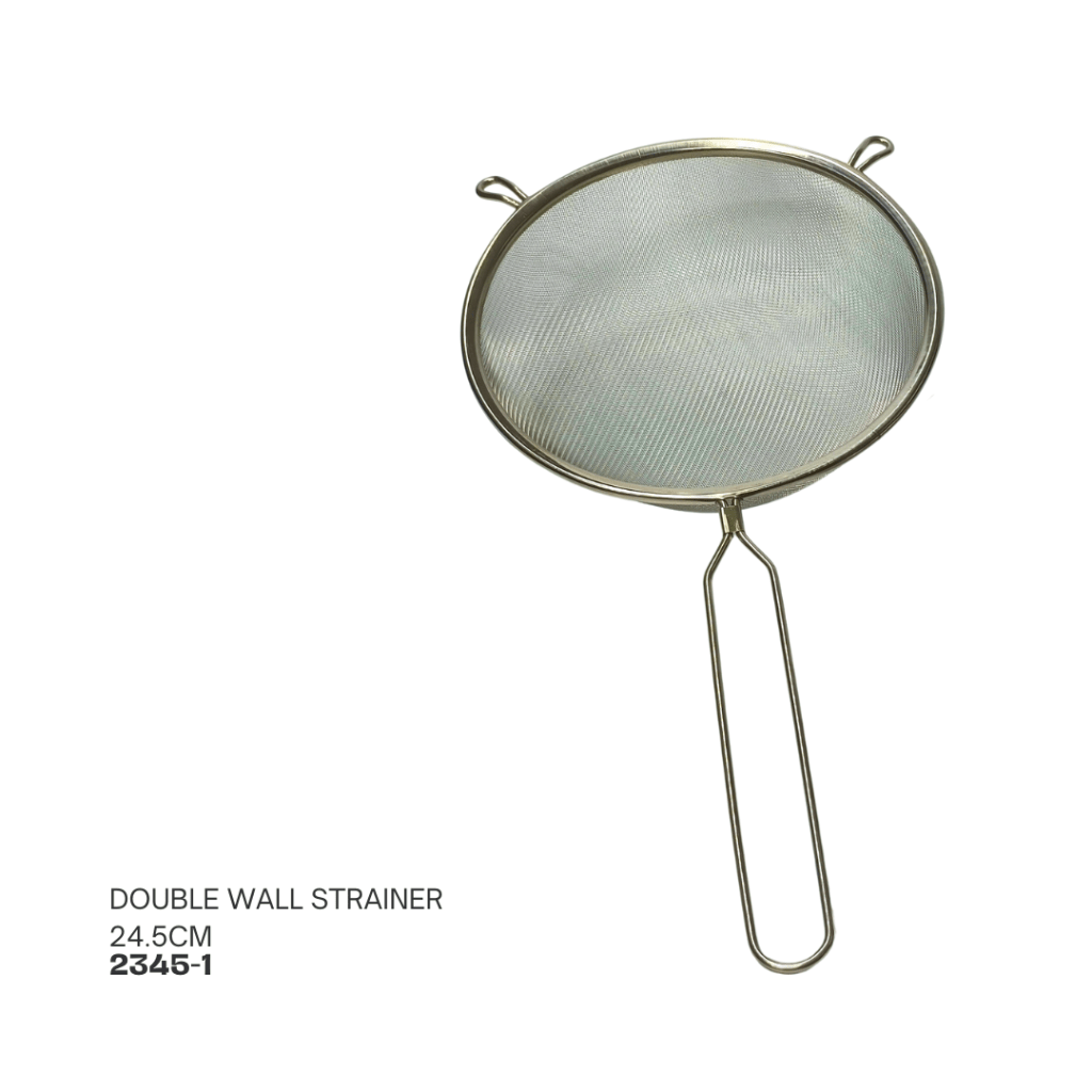Double wall strainer with a 24.5 cm diameter, designed for filtering liquids.