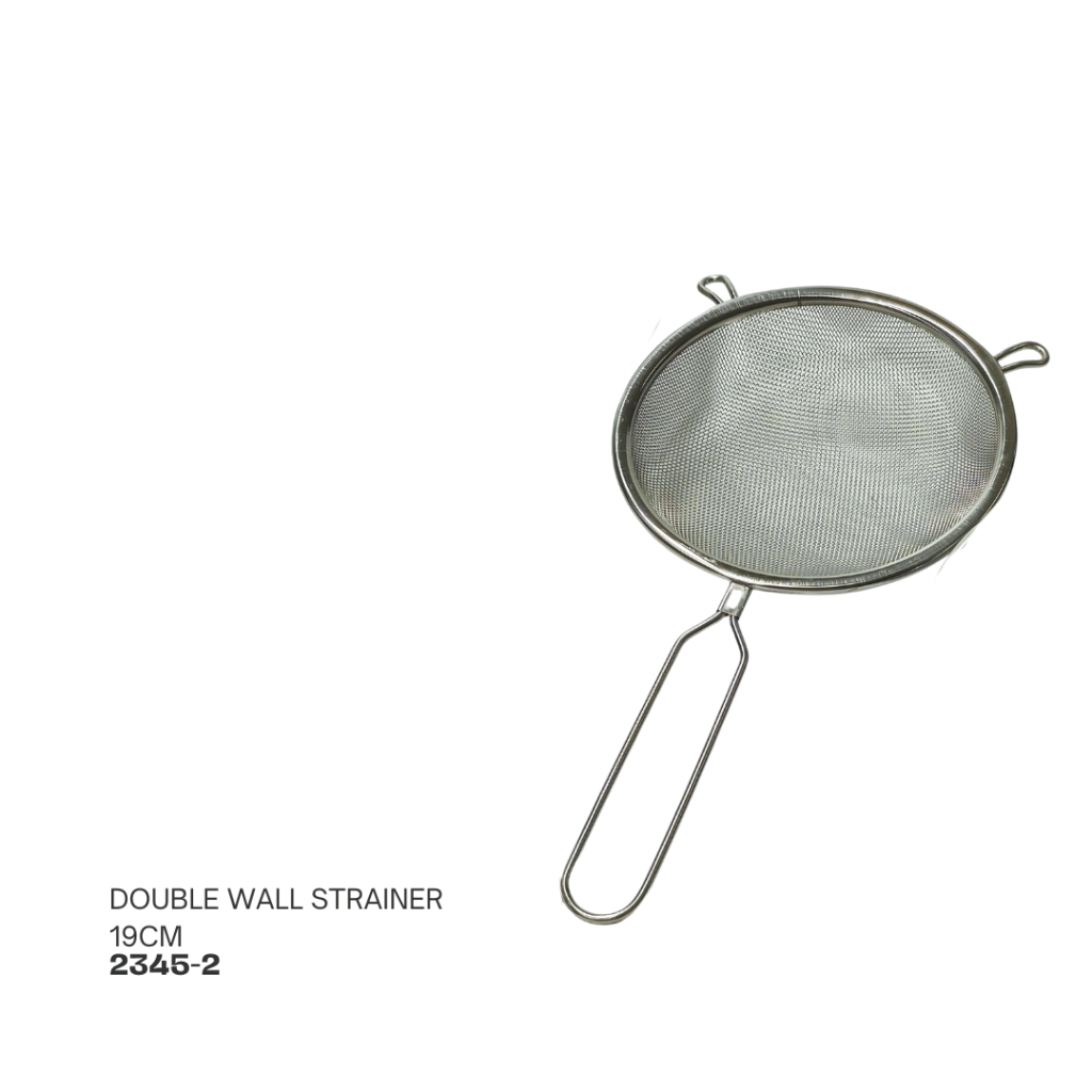 A 19cm double wall strainer with a metal mesh and handle.