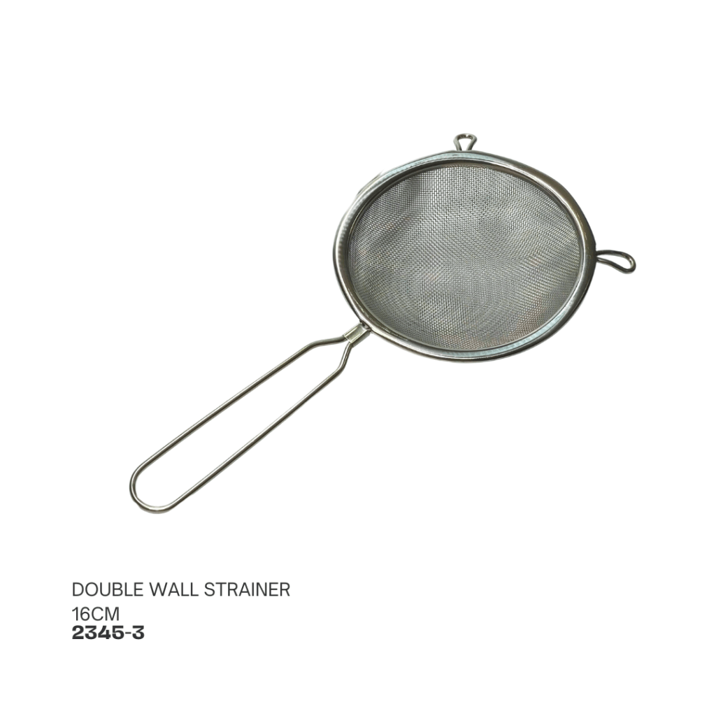 Stainless steel double wall strainer, 16cm in diameter, with a hanging handle.
