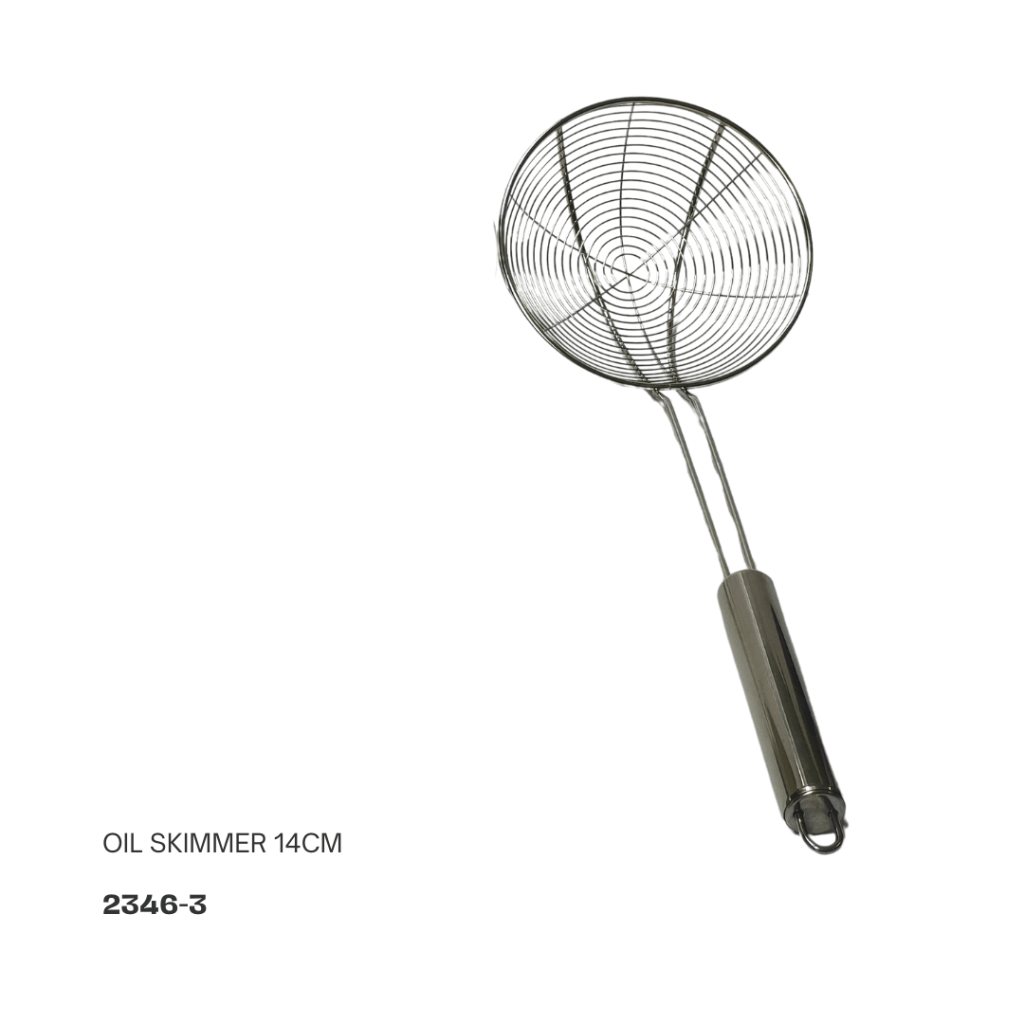 14cm oil skimmer with a round wire mesh and a metal handle.