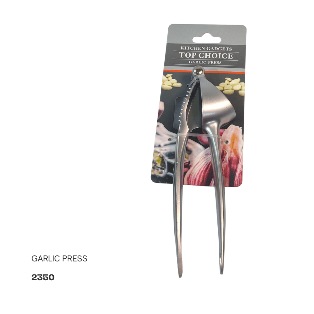 A stainless steel garlic press packaged with a colorful label showcasing its features and usage.