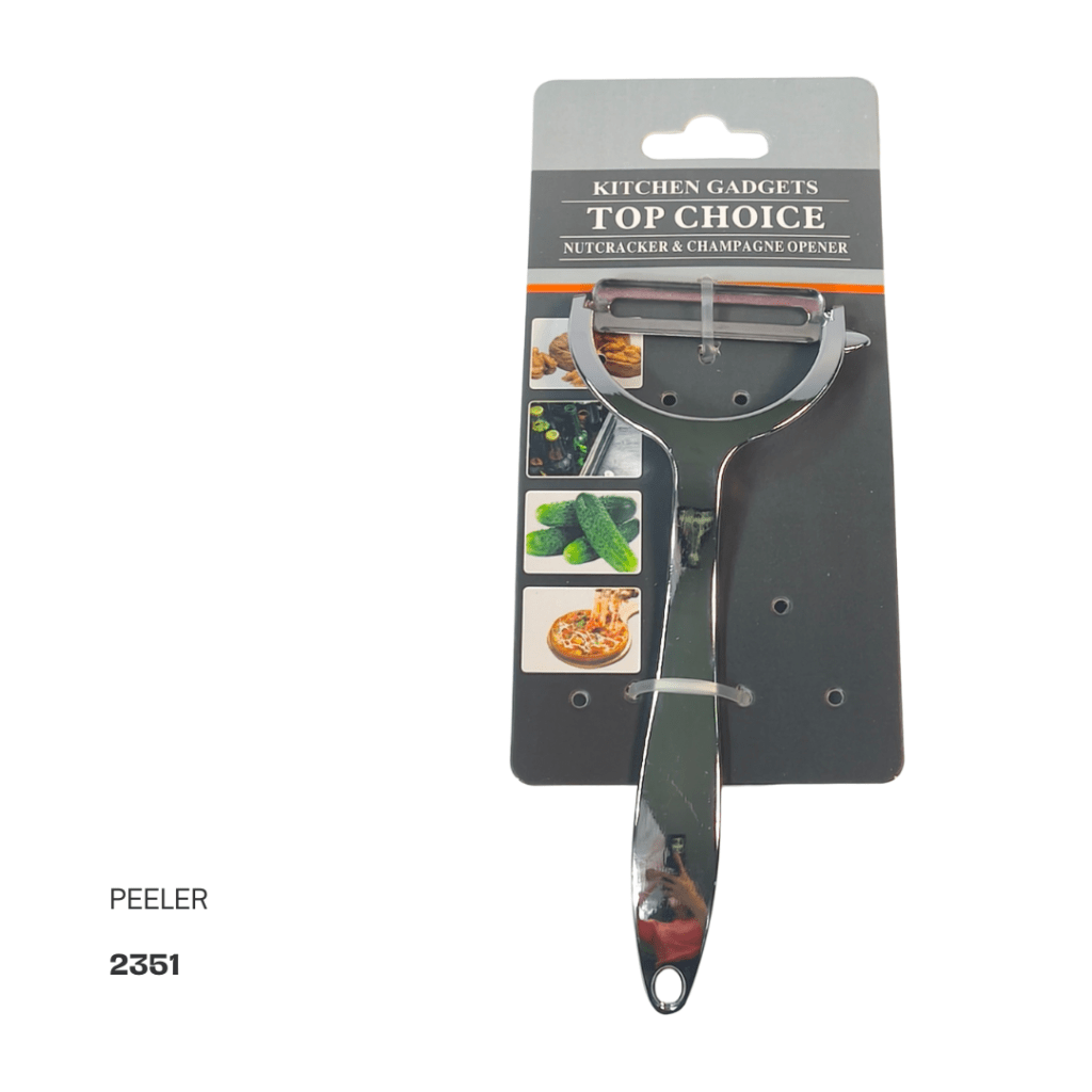 A stainless steel peeler with attached packaging, labeled as 'Top Choice Nutcracker & Champagne Opener', featuring images of various foods.