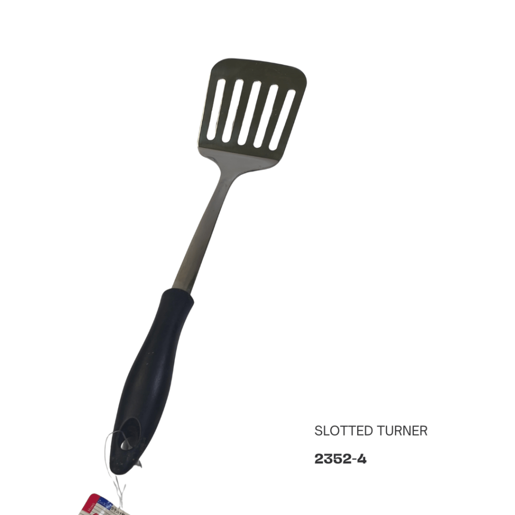 A slotted turner with a stainless steel head and a black handle, featuring several vertical slots for draining liquid.