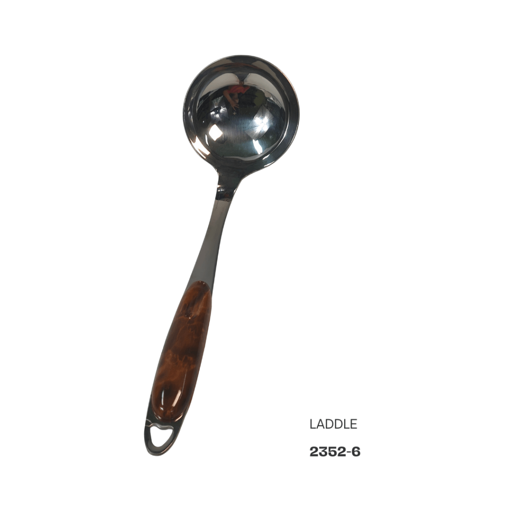 Stainless steel ladle with a shiny bowl and a decorative wooden handle.