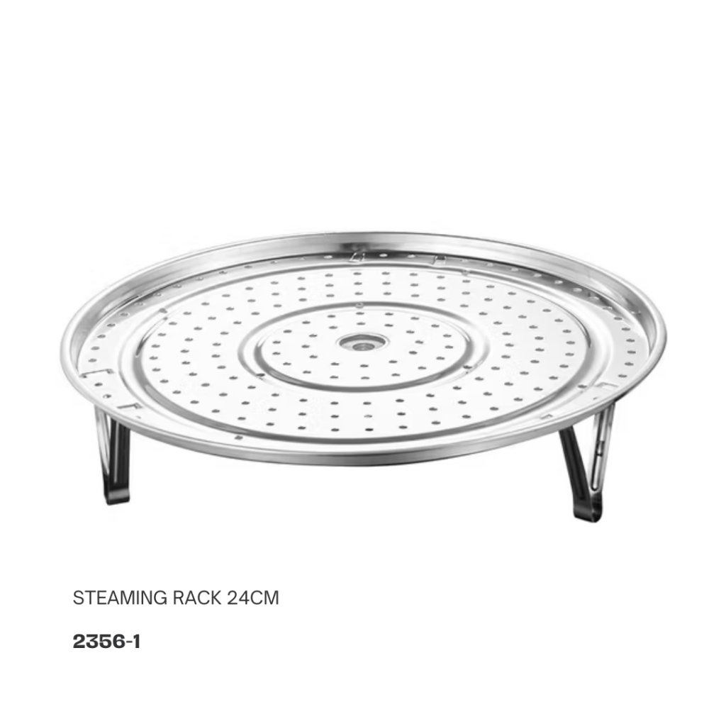 24cm stainless steel steaming rack with perforated surface and foldable legs.