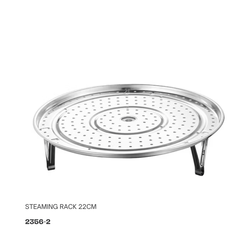 22cm stainless steel steaming rack with perforated surface and foldable legs.